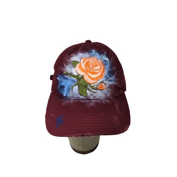 Newhattan Slideback OSFA Hat Red Hand Painted Flower Distressed Cap - Picture 1 of 10
